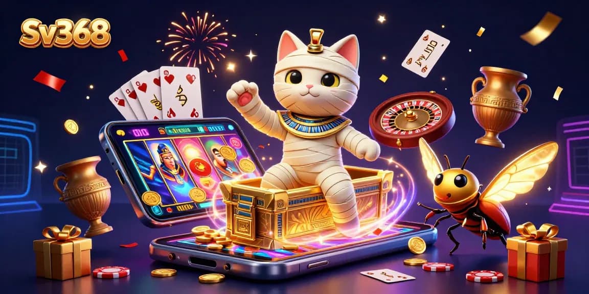 Experience thrilling gaming action at Sv368 with a vibrant casino scene featuring a mummy cat and glowing elements.