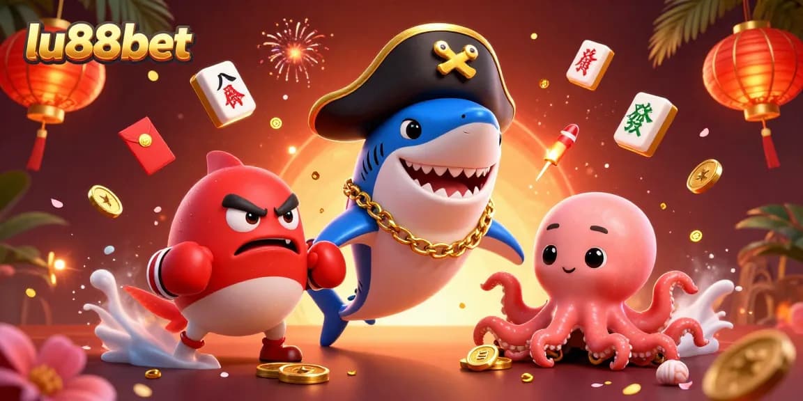 Experience exciting wins with lu88bet featuring a pirate shark, pufferfish, and octopus surrounded by casino elements.