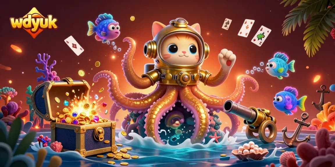 Experience thrilling gameplay with wdyuk, featuring a majestic kraken and a diving cat amidst ocean treasures.