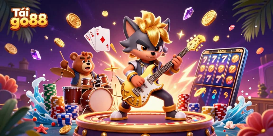 Tải go88 experience illustrated with cartoon rock star wolf and drummer bear on a vibrant casino stage.