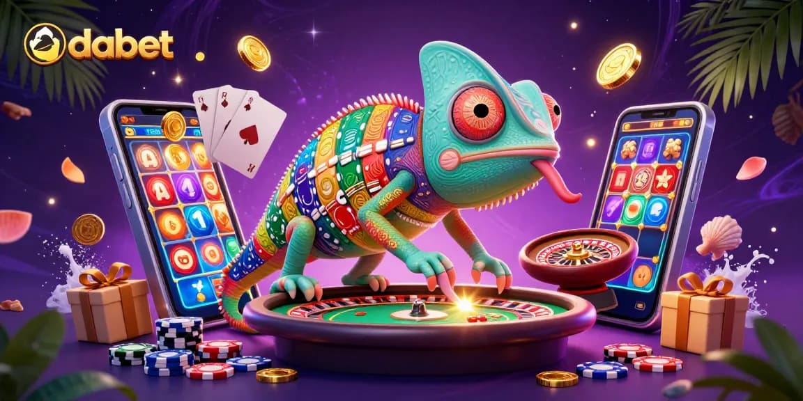 Engage with dabet's vibrant casino world featuring a chameleon owner and exciting gaming elements.