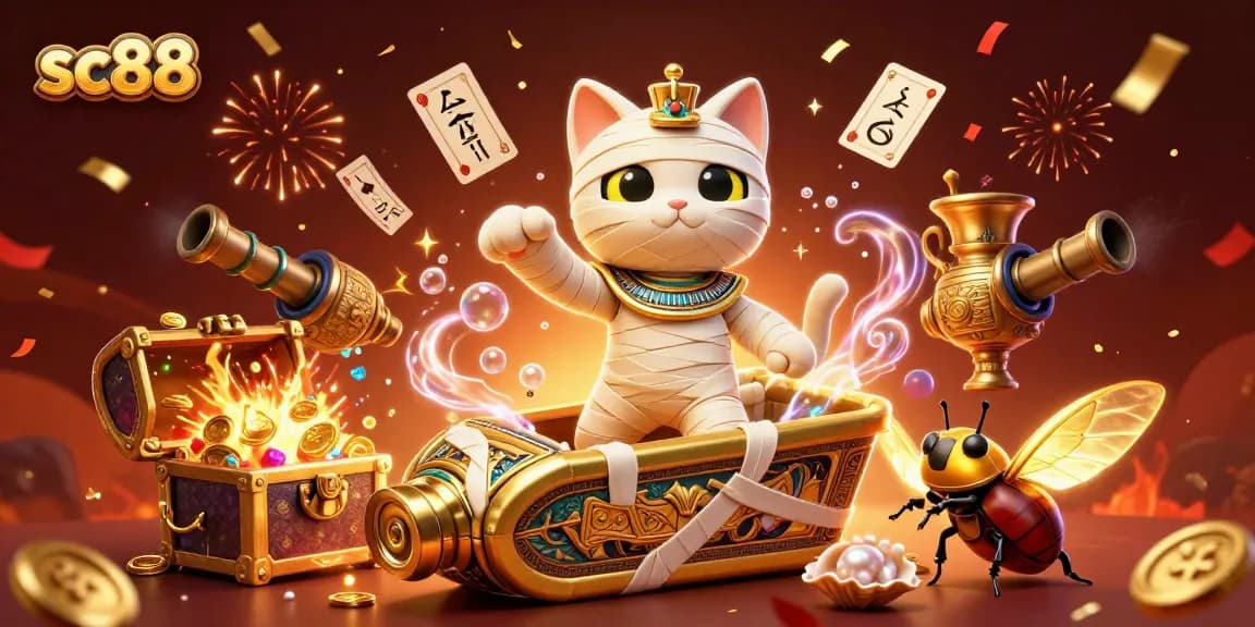 Join the excitement with sc88 as a mummy cat and scarab beetle unveil casino treasures!