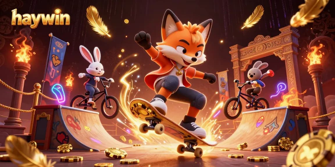 Experience thrilling action at haywin with a fox performing a kickflip over golden poker chips.