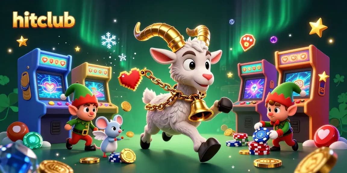 A dynamic scene of hitclub with a Krampus goat running a casino while elf gremlins steal chips.