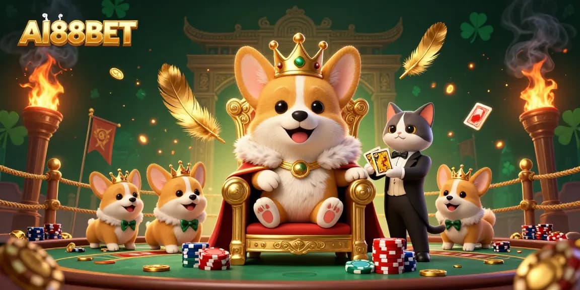 AI88BET showcases a royal corgi on poker chips amidst lively gambling elements, creating an engaging casino scene.