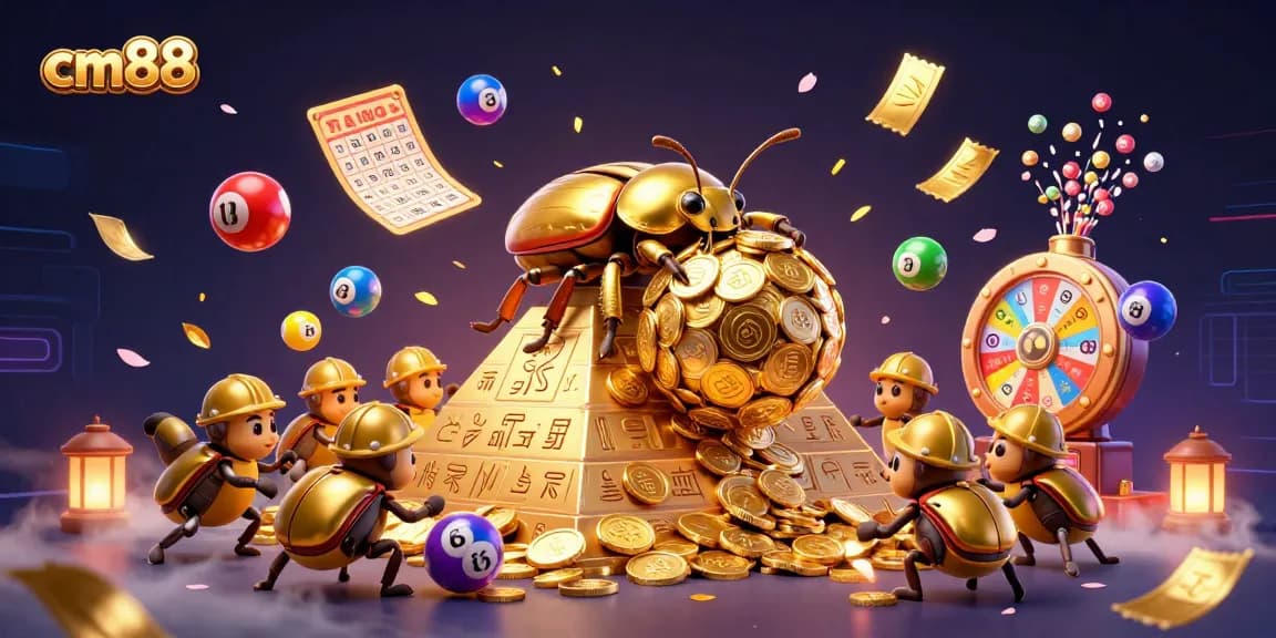 Engage with cm88's exciting casino world through a dynamic scene of gold and playful lottery elements.
