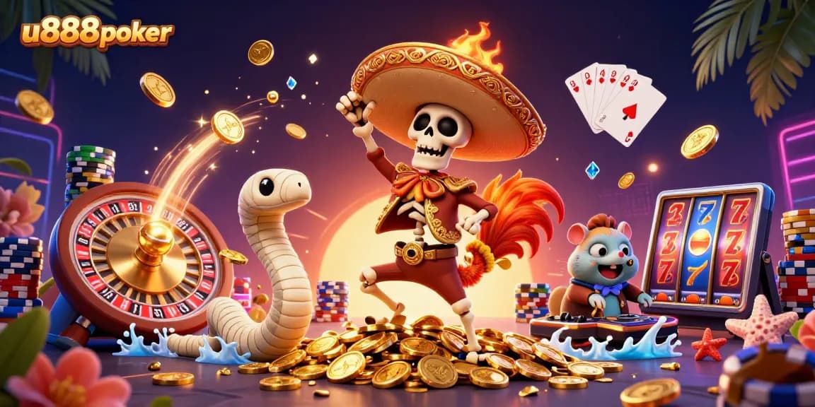 Experience high-stakes fun with u888poker in a vibrant casino-themed victory scene.