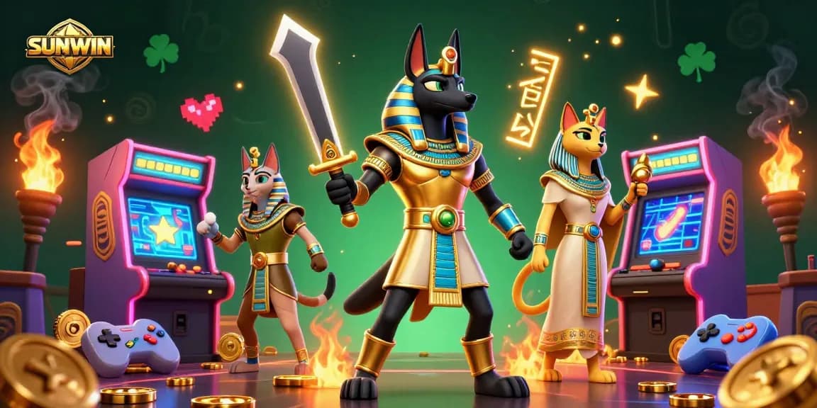 SUNWIN showcases thrilling casino gameplay with Anubis and Bastet amidst vibrant gaming elements.