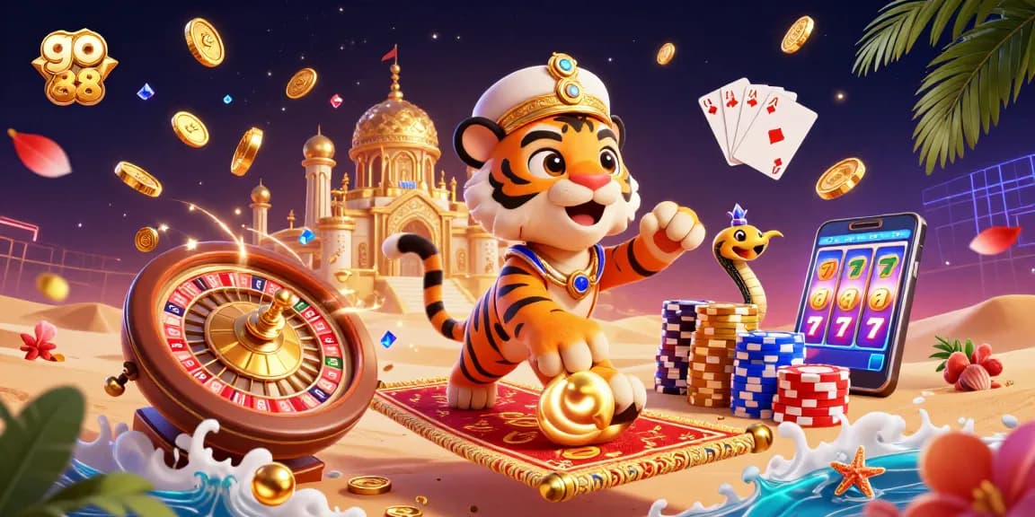 Engage with go 88's thrilling casino experience in a vibrant 3D illustration featuring an Arabian Nights theme.