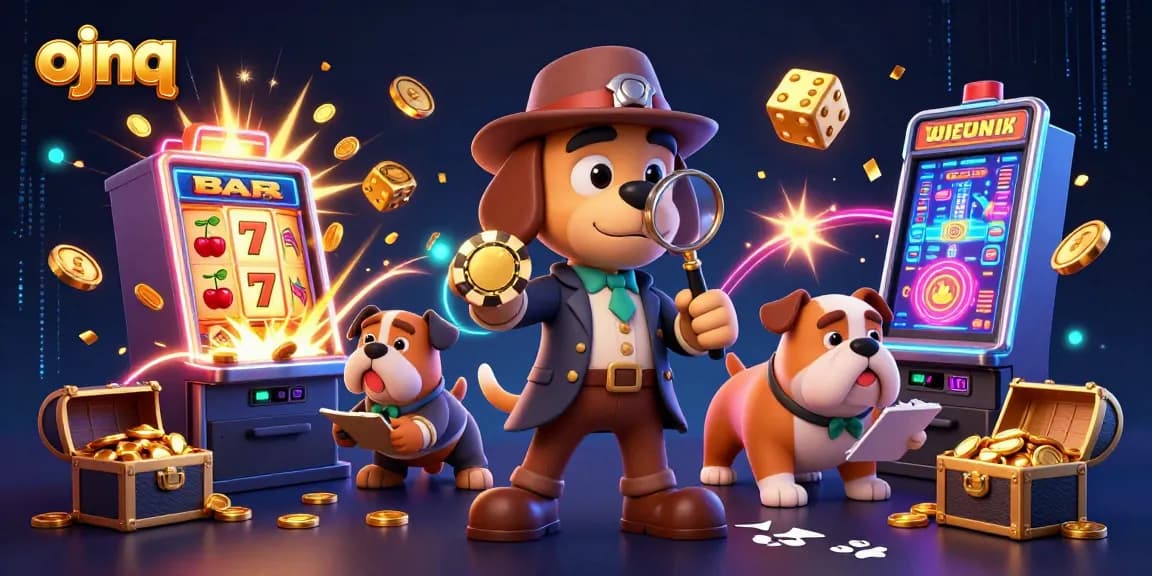 Engage with ojnq's thrilling slot game scene with a detective and bulldog exploring a jackpot.