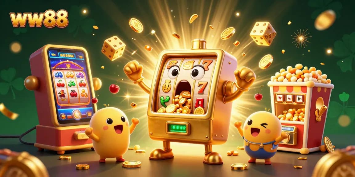 Celebrate your wins at ww88 with a lively scene of jackpots, cartoon slot machines, and casino fun!