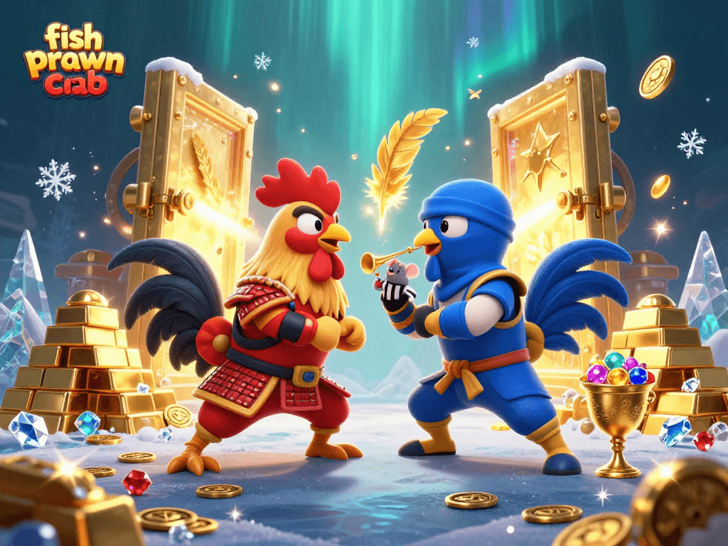 Engage in a thrilling showdown with twin roosters in armor while discovering fish prawn crab rewards!