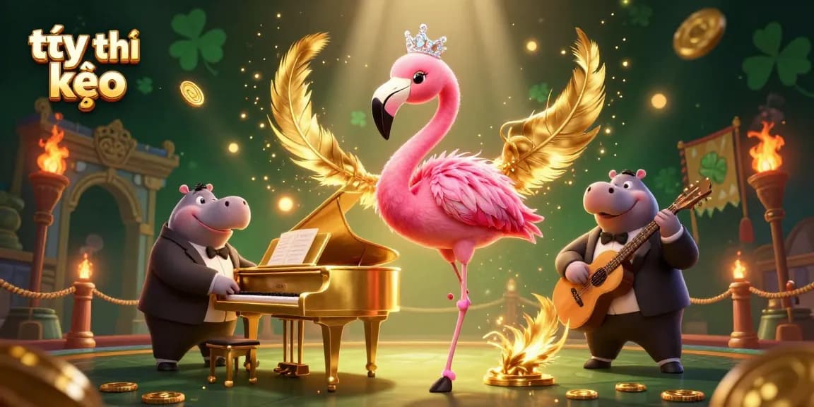 Engage with tỷ lệ kèo in a vibrant casino scene featuring a flamingo singer and hippo bassist.