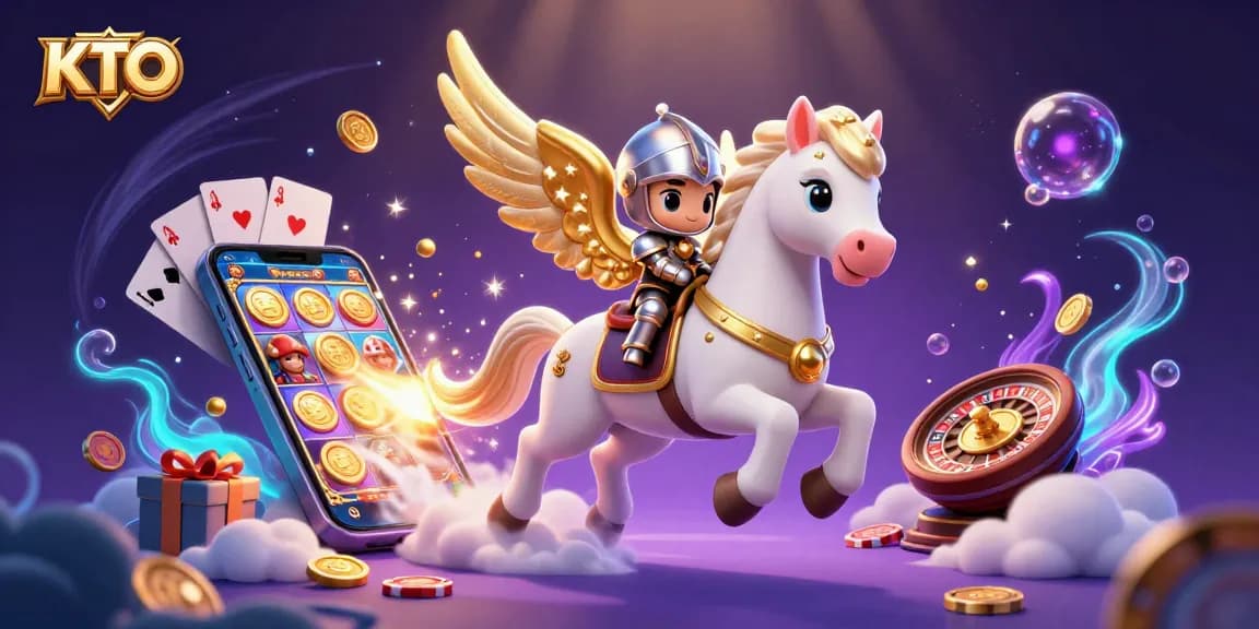 KTO players winning big with slots and vibrant casino action, featuring a knight on a celestial horse.