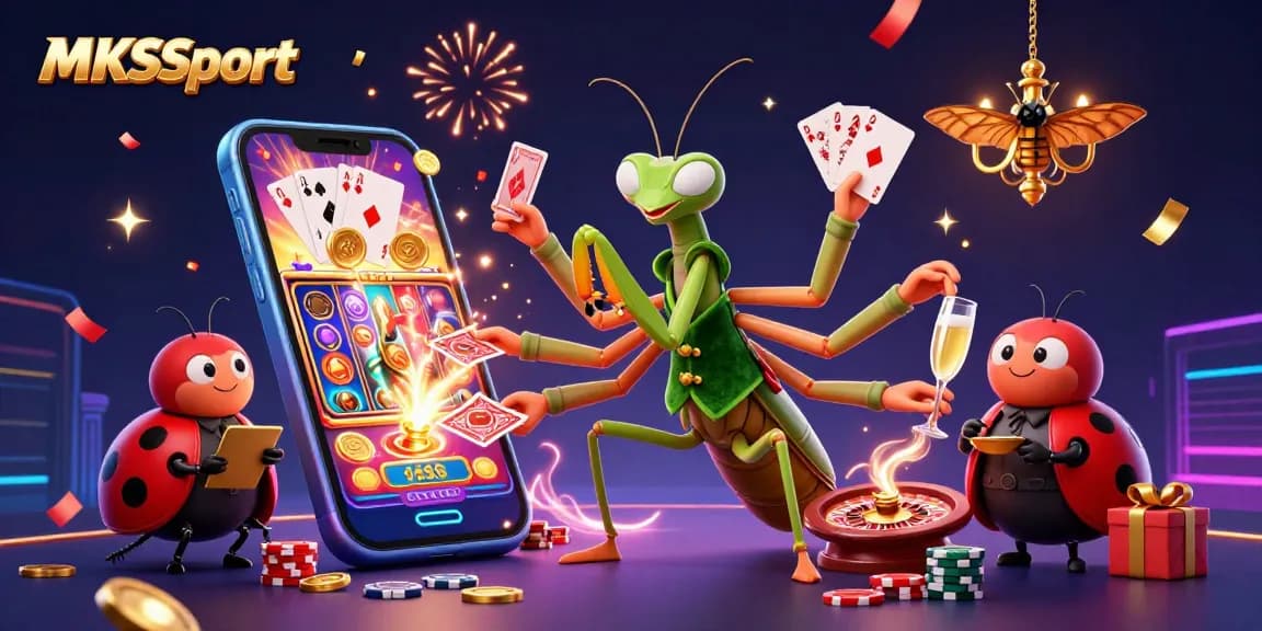 MKSport highlights a vibrant casino scene with a whimsical praying mantis alongside a ladybug pit boss celebrating wins.
