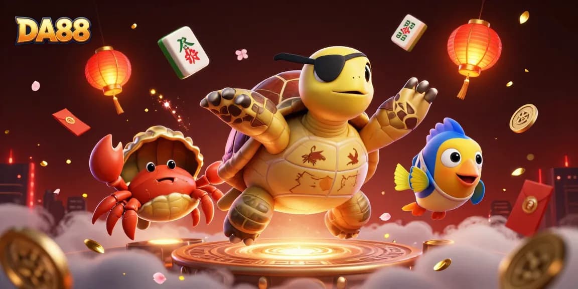 Engaging illustration of DA88 featuring a pirate turtle, golden treasures, and festive casino elements.
