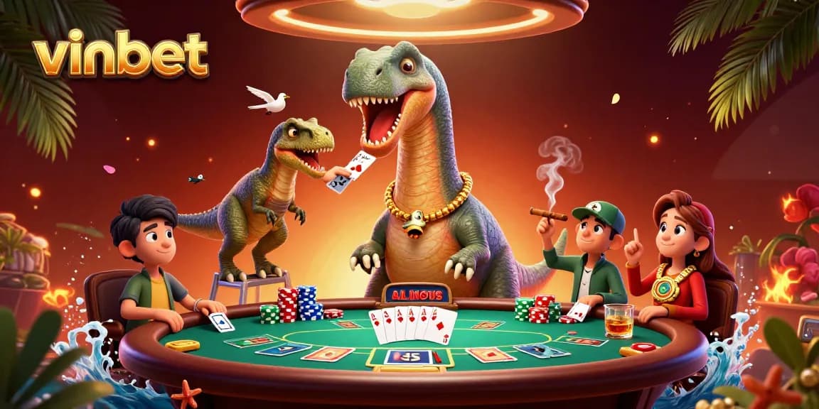 Experience thrilling poker action at vinbet with a tall brontosaurus and clever dealer
