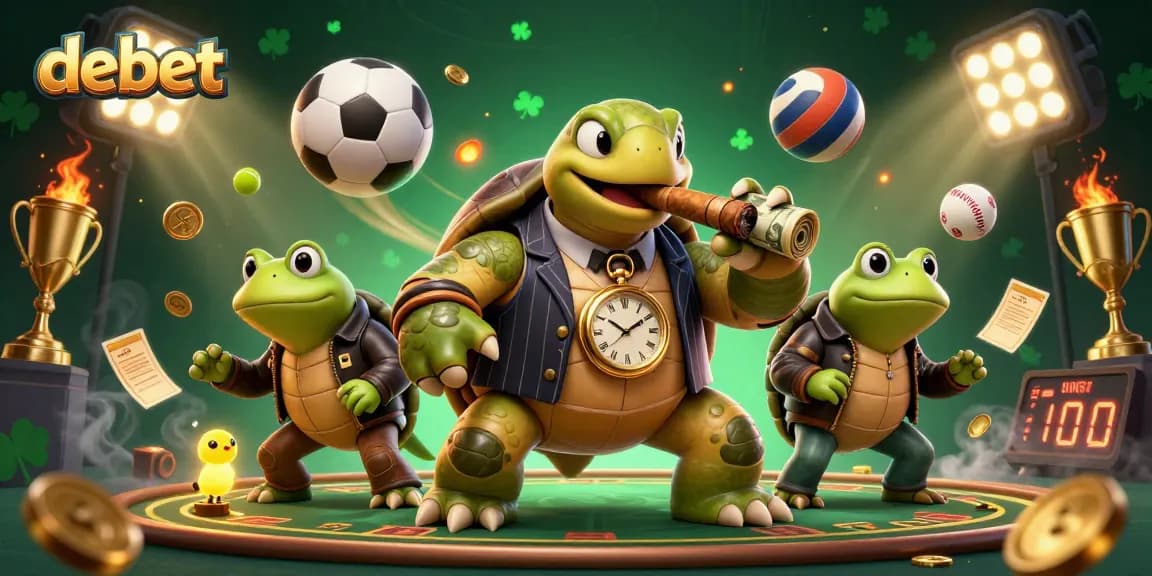 Experience debet gaming with a dynamic, fun-filled scene featuring a snapping turtle and sports elements.