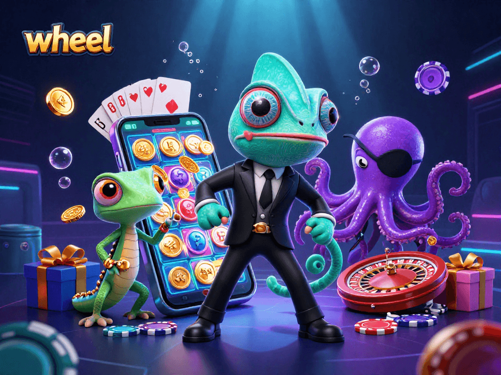 Spin the wheel for fortune in this vibrant casino scene featuring playful cartoon characters.