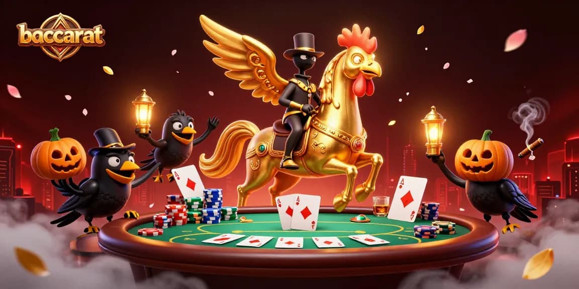 Baccarat game scene featuring a golden rooster headless horseman and pumpkin-headed crows illuminating the casino.