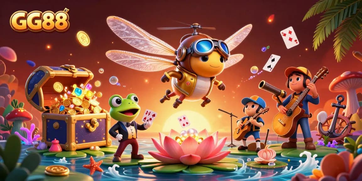 Engage with GG88's thrilling gameplay as a dragonfly pilot navigates a lily pad casino, featuring a frog dealer.