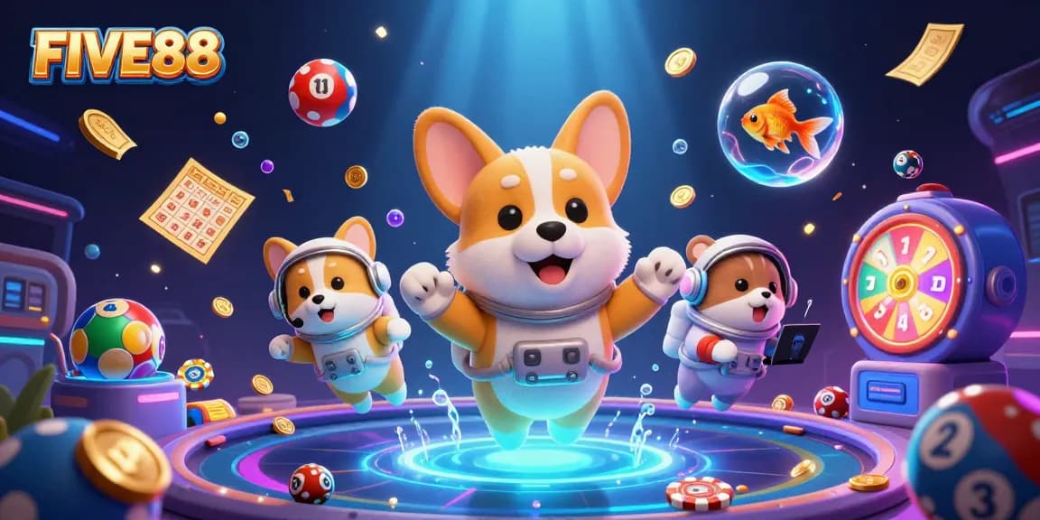 Experience the excitement of FIVE88 with a playful astronaut corgi in space, amidst vibrant casino elements.