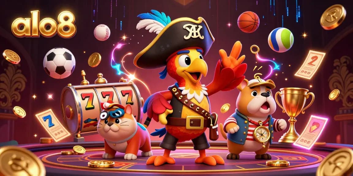 Join the excitement at alo8 with a vibrant scene of playful characters amidst flying slot reels and sports elements.