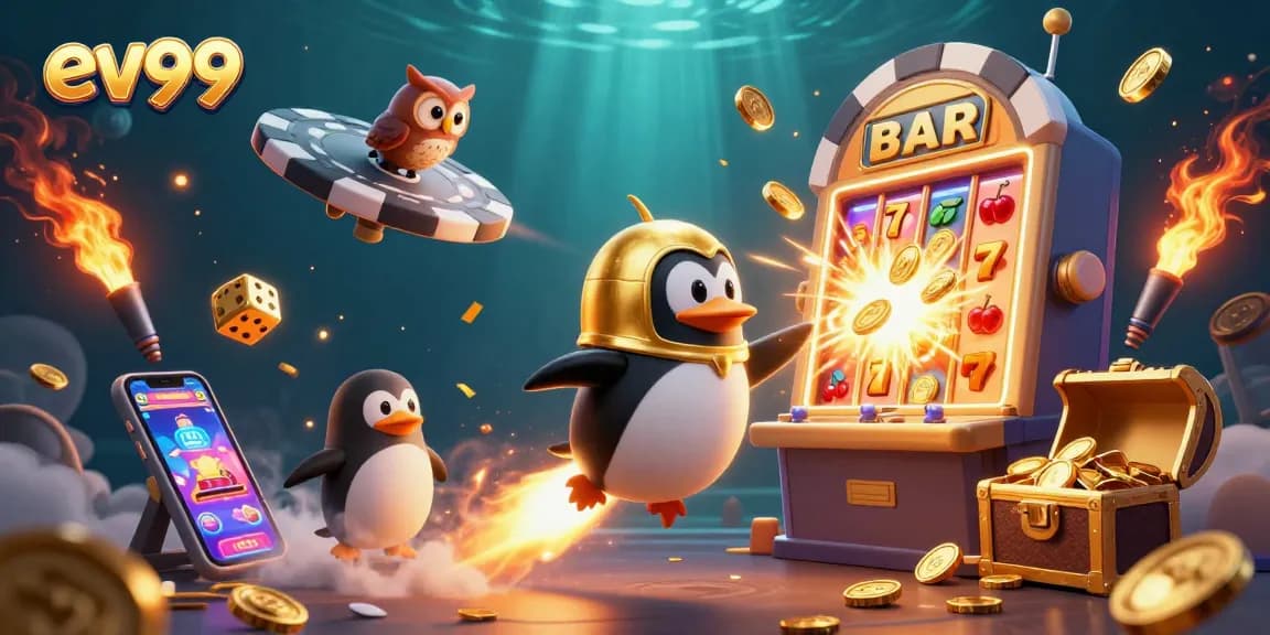Engage in vibrant casino action with ev99's animated golden penguin launching towards jackpots.