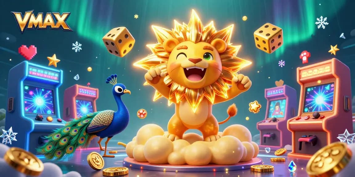 VMAX casino experience featuring a vibrant 3D sun lion, golden dice, arcade games, and colorful elements.