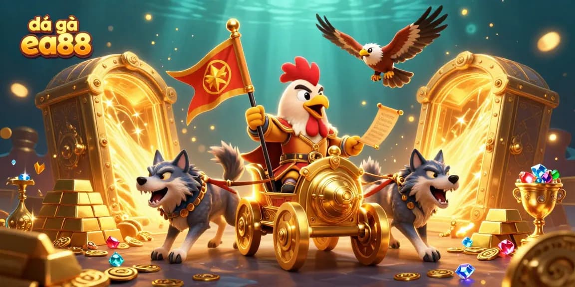 Engage in đá gà ea88 with a rooster warlord and dynamic casino treasure scene.