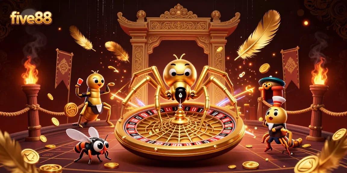 Play and win at five88 with a dynamic casino scene featuring a golden spider and a croupier.