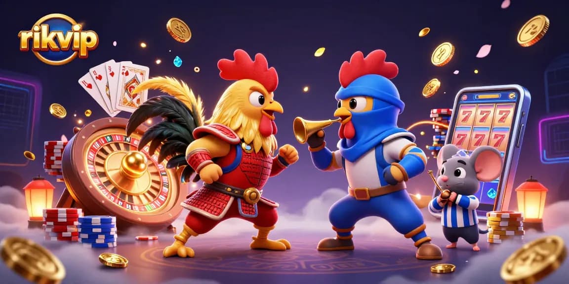 Bet big at rikvip while watching 3D roosters duel amidst cascading coins and vibrant casino elements.