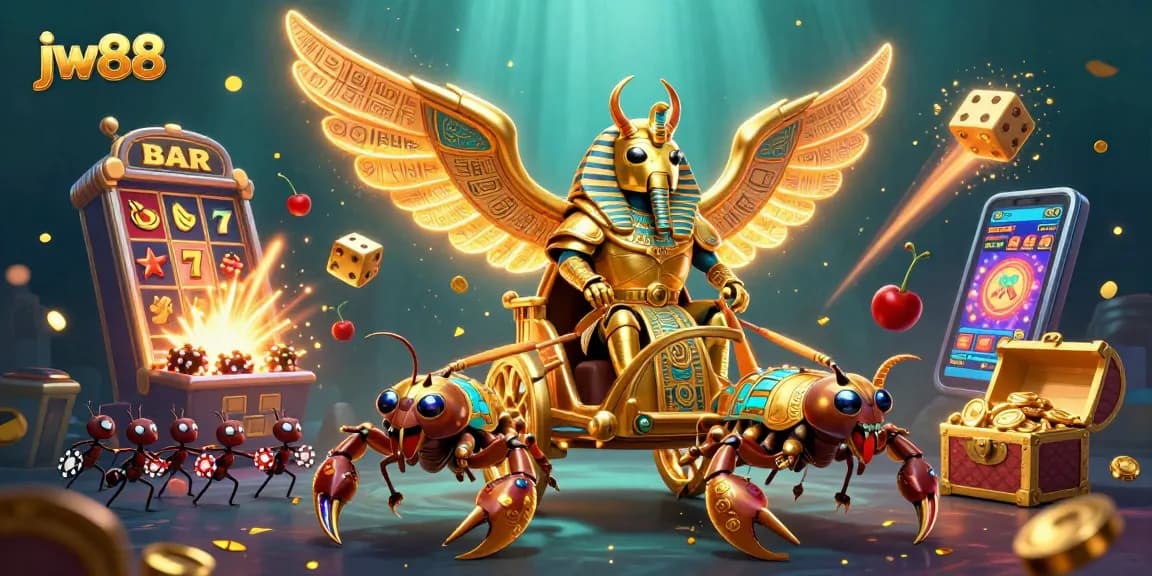Experience thrilling gameplay at jw88 with a colossal scarab beetle in a dynamic, dazzling casino scene.