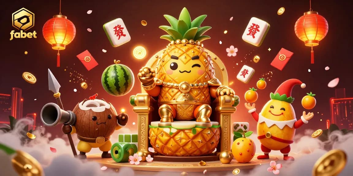 Play exciting games at fabet with a golden pineapple king and vibrant casino atmosphere