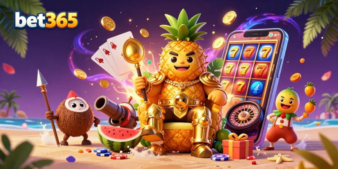 Join the fun at bet365's vibrant casino scene with a golden pineapple king and gaming action.