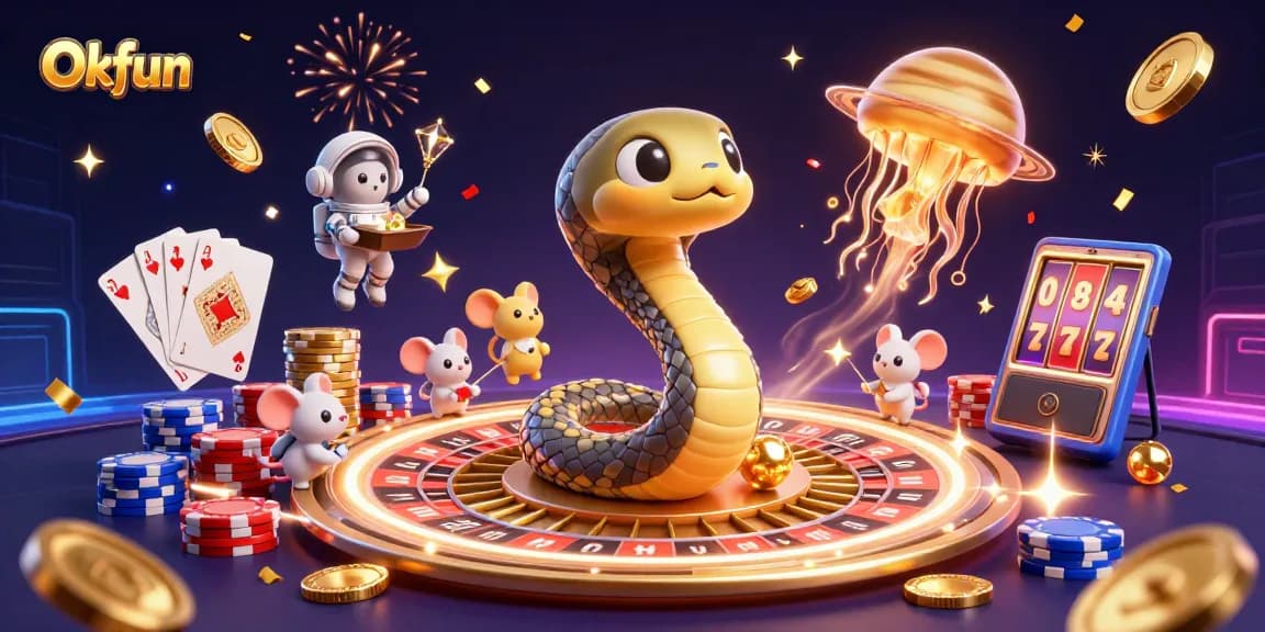 Bet on a cosmic roulette at Okfun with astronaut mice and a golden jellyfish dealer amidst vibrant casino elements.