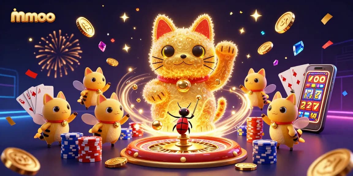 mmoo explores exciting casino adventures with a golden lucky cat and dynamic casino symbols.