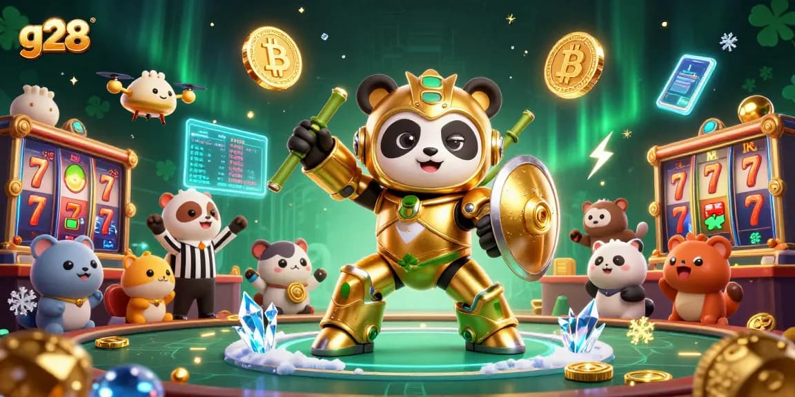 G28 showcases vibrant casino action with a mech-suit panda surrounded by crypto coins.