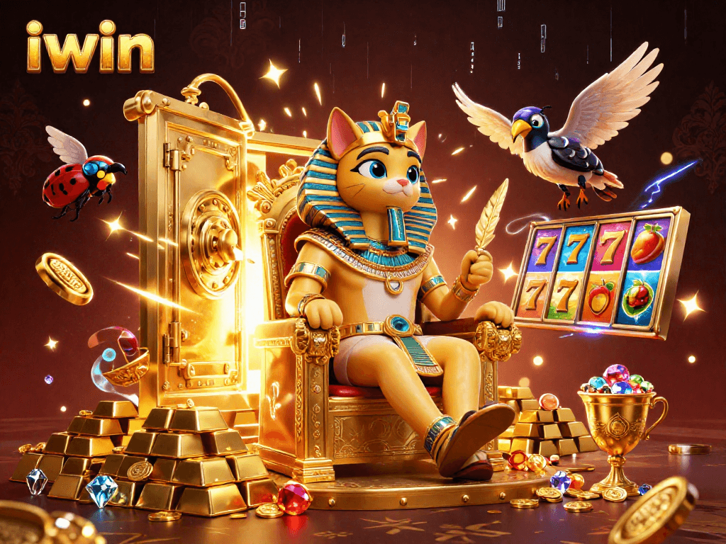 Experience iwin's vibrant slot games with a rich, animated scene of Pharaoh cat and treasure.