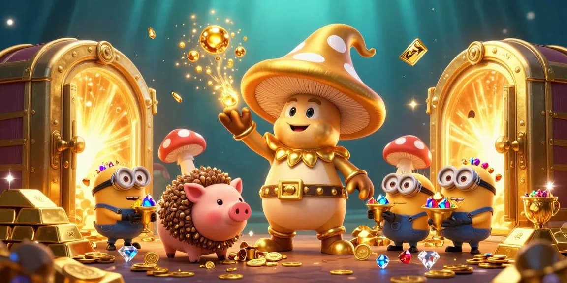 Experience exhilarating wins at uu666 with stunning visuals of a golden mushroom wizard, treasures, and slot game elements.