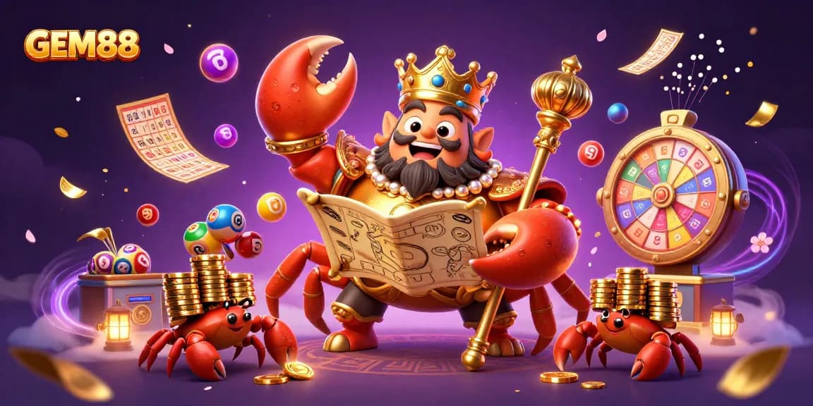 Experience GEM88 with dynamic lottery elements and a golden crab emperor amidst a vibrant casino scene.