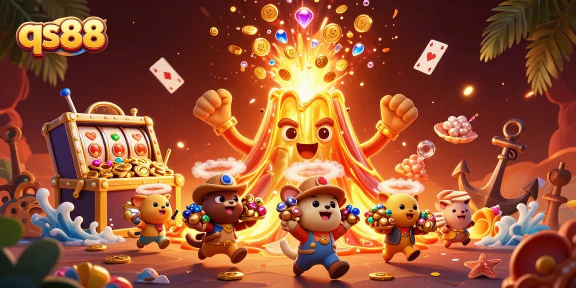 Experience thrilling wins with qs88 in a vibrant casino scene featuring treasures and games.