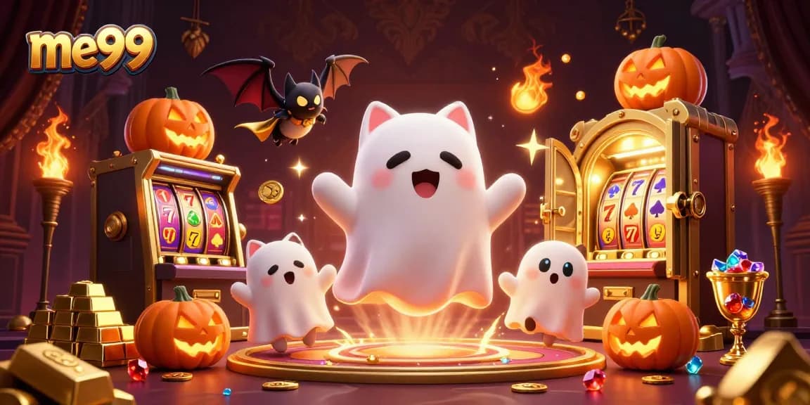 Experience thrilling gameplay at me99 with a lively ghost cat and vampire bat in a bustling casino.