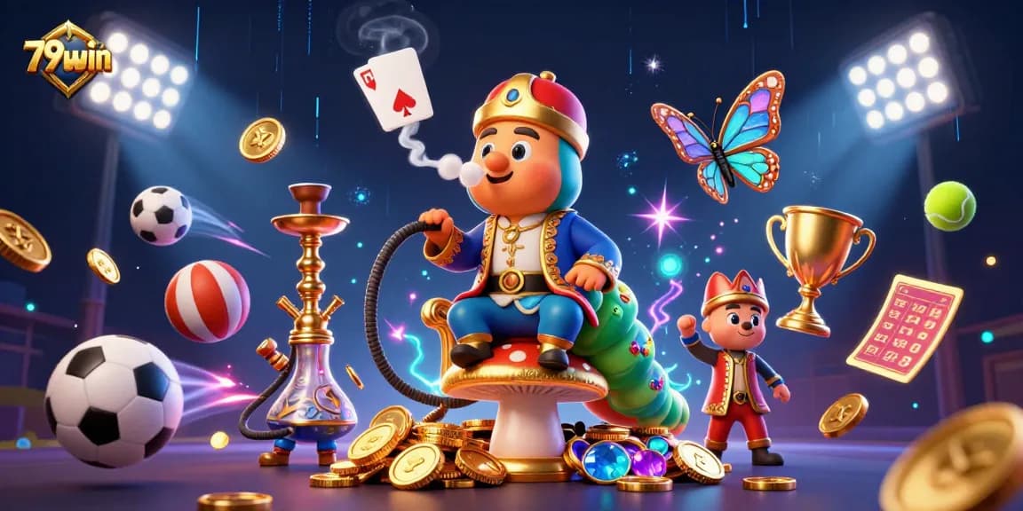Engage with 79win's captivating gaming world through a dynamic 3D illustration of a vibrant casino scene.
