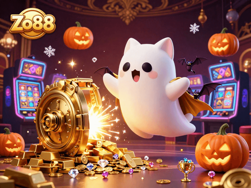 Engage in thrilling experiences at Zo88 as a playful ghost cat and bat explore a vibrant casino.