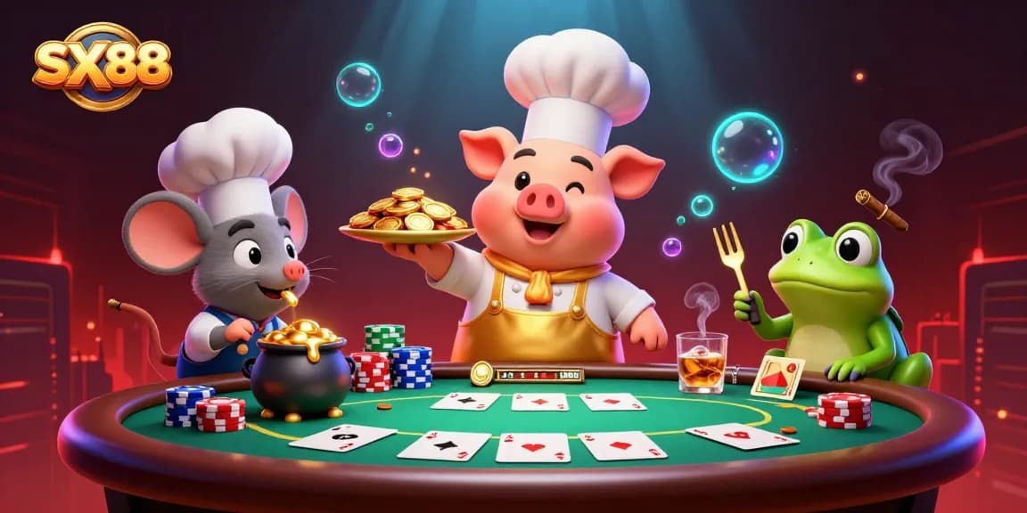 SX88 offers an exciting atmosphere with a chef pig serving gold coins amidst vibrant casino elements.