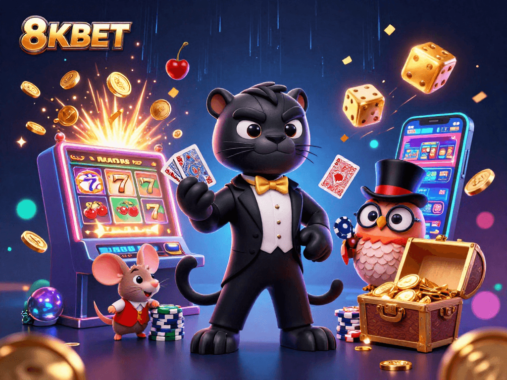 8KBET showcases a stylish panther dealing cards while an owl and mouse join in a vibrant casino atmosphere.