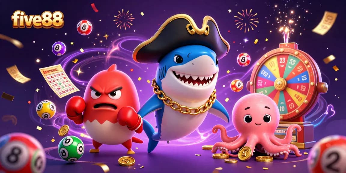 Experience thrilling wins at five88 with a vibrant casino scene featuring animated characters and dynamic gaming elements.