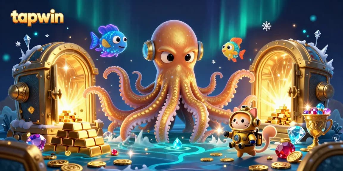 Engage in the thrilling world of tapwin with a kraken emerging from treasure, vibrant colors, and dazzling gems.