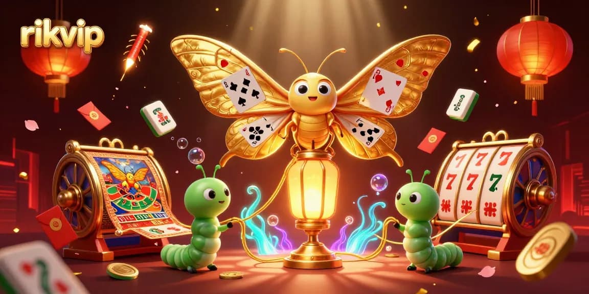Engage with thrilling rikvip games, featuring vibrant visuals of casinos and playing cards.